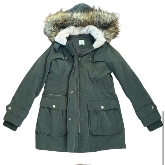 Halogen Utility Coat Faux Fur Lined Hooded Anorack Jacket, Army Green, Size S/P - Picture 7 of 13